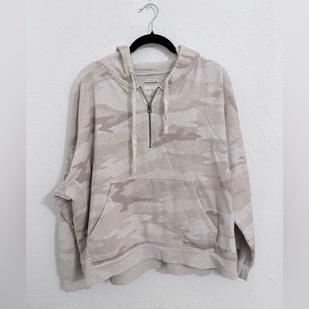 American Eagle Outfitters Beige Camo Zip-Up Sweater